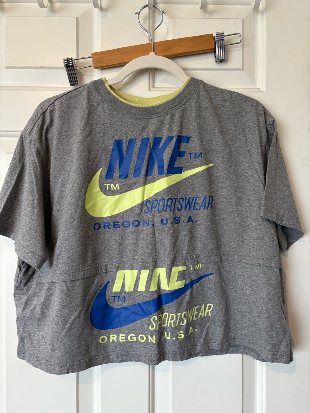 Nike Gray Tee with Neon Yellow and Royal Blue Logos
